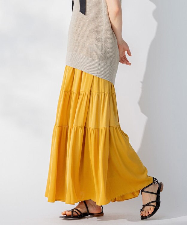 自由区 L 【洗える/着丈調節可】カラー ティアードスカート マスタード系