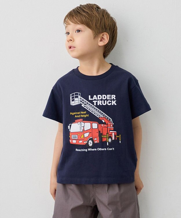 ANY KIDS 【洗濯機可能】はたらく車プリント 半袖Tシャツ ネイビー