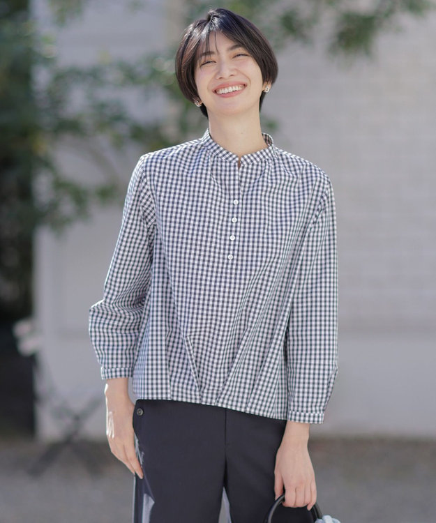 J.PRESS LADIES 【洗える・接触冷感・UVケア】エステネージュストライプ コクーン ブラウス ホワイト×ネイビーギンガム系