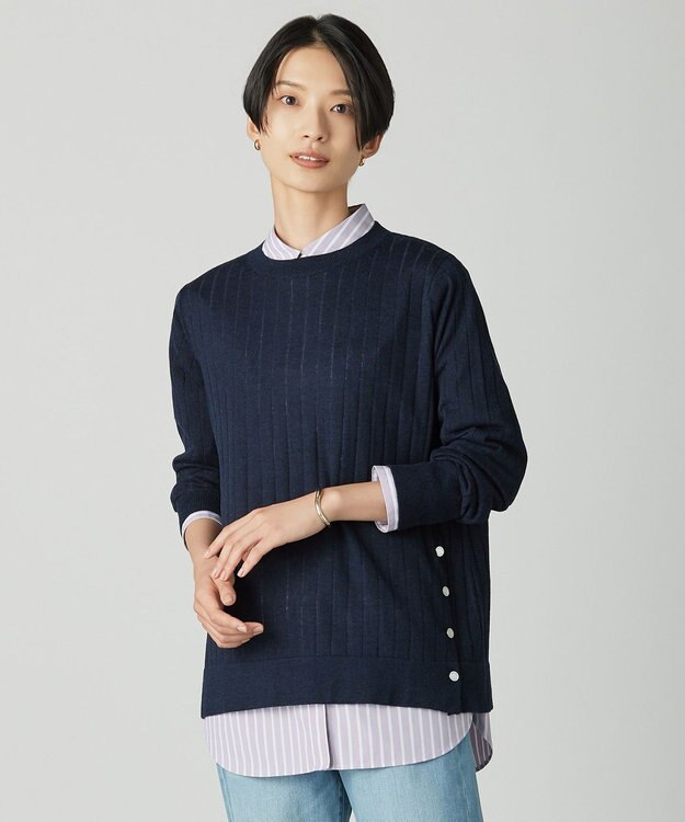 J.PRESS LADIES WORETED WOOL BLEND クルーネック ニット ネイビー系