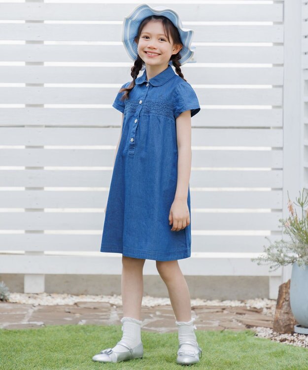 組曲 KIDS 【110-140㎝】 フラワーボタンデニムワンピース ネイビー