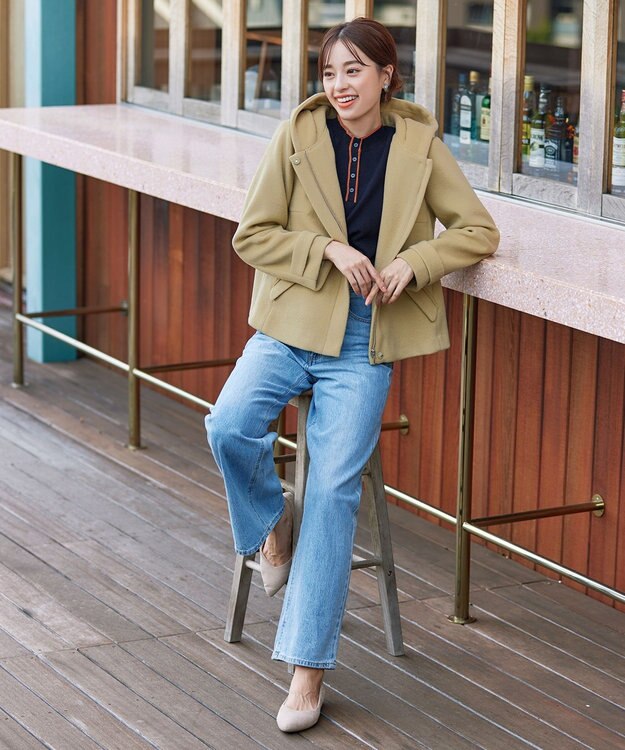 Tiaclasse ウールライクフーデットショートコート ライム