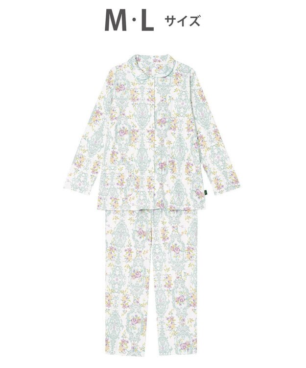 WACOAL ワコール_リラックス＆スリープ パジャマ 長袖 長ズボン 綿100％(本体) スムース素材 ハドンホール 上下セット 前開き ミントン NDV140 /ワコール ホワイト