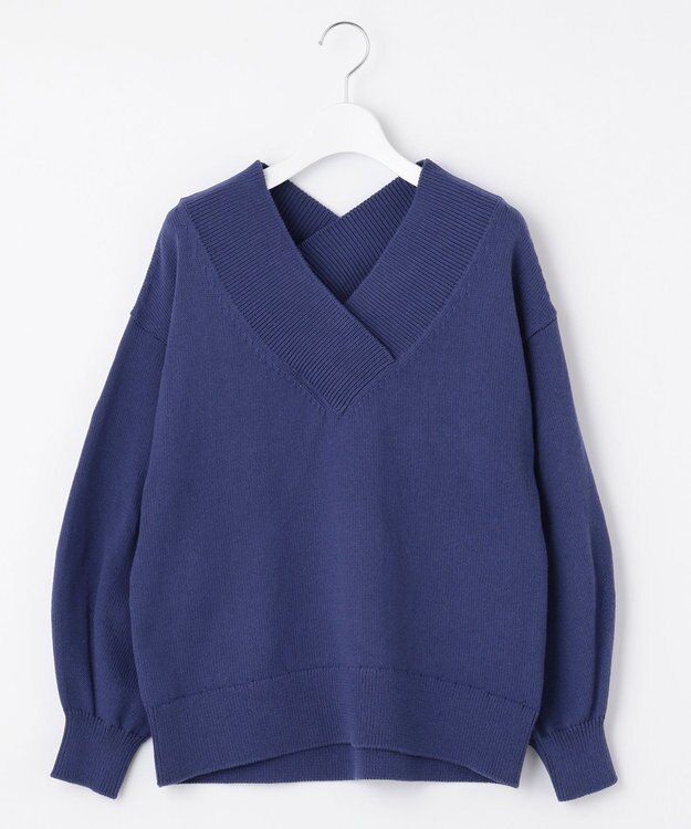 自由区 【XSサイズ～/洗える】コットンブレンドコード Vネックニット ダルブルー系