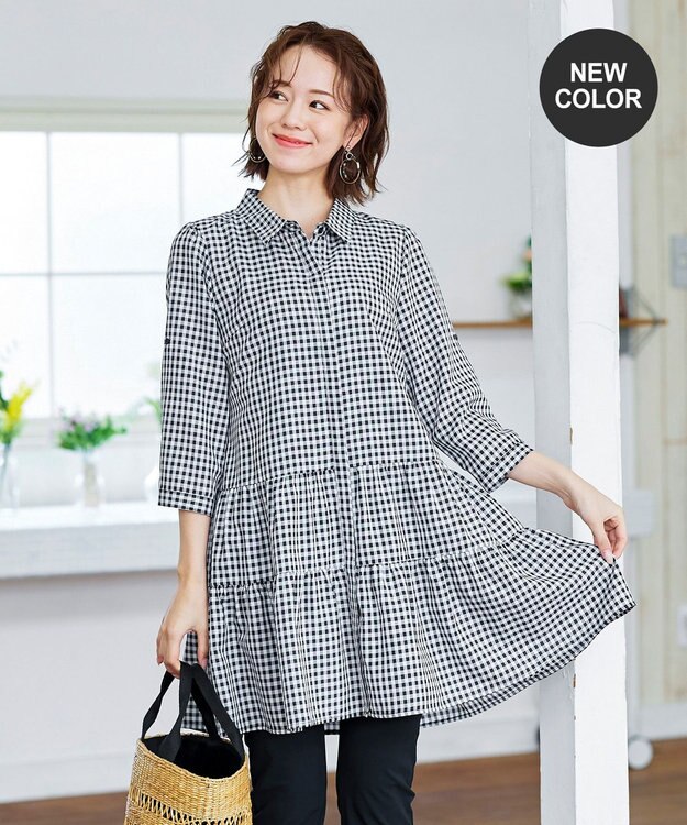 Tiaclasse L 【洗える】1枚で大人華やぐ2段ティアードシャツチュニック ブラックチェック