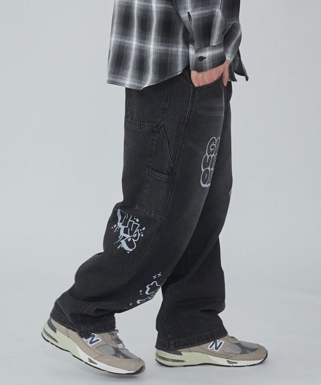 WEGO 【ウエスト紐で調整】イージーペインターグラフィックデニムパンツ 柄2