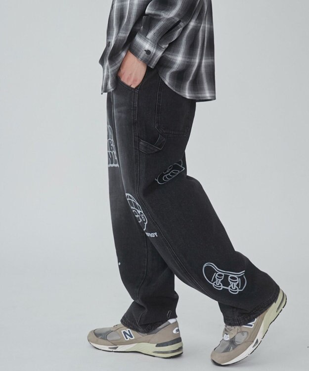 WEGO 【ウエスト紐で調整】イージーペインターグラフィックデニムパンツ 柄2