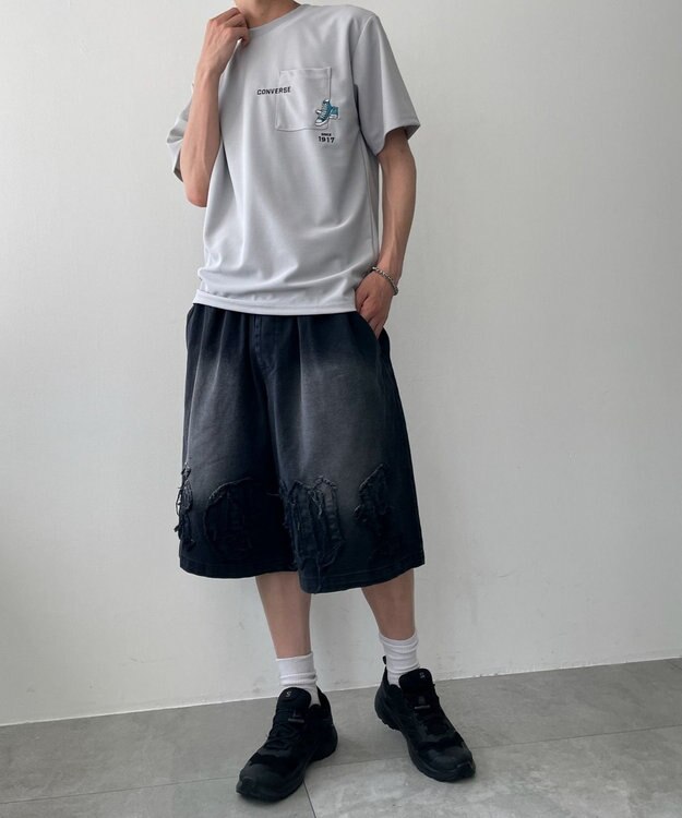 WEGO ツイルブラスト加工ワイドショートパンツ ブラック