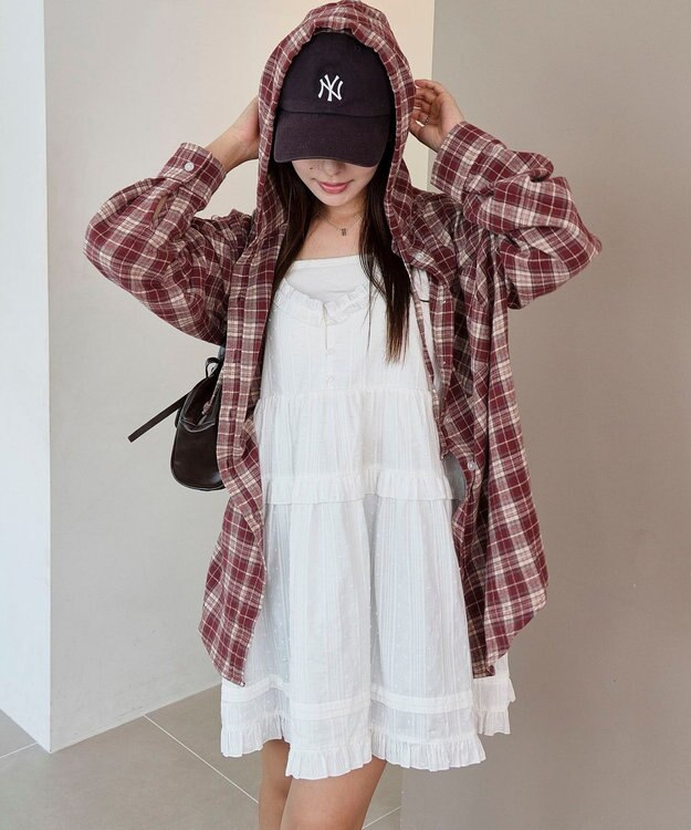 WEGO 【25年秋冬新作】チェックフードBIGネルシャツ ワイン