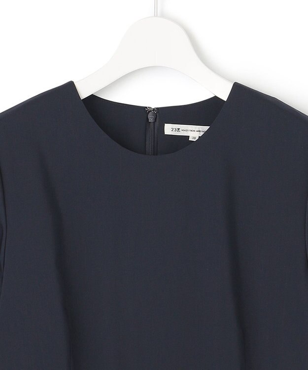 23区 L 【洗える】プレーンストレッチタフタ フレア ワンピース ネイビー系