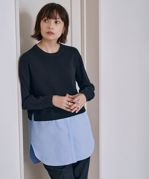 ICB L 【WEB&一部店舗限定カラーあり】クロスコンビ ニットプルオーバー ブラック×サックス系［WEB&一部店舗限定］