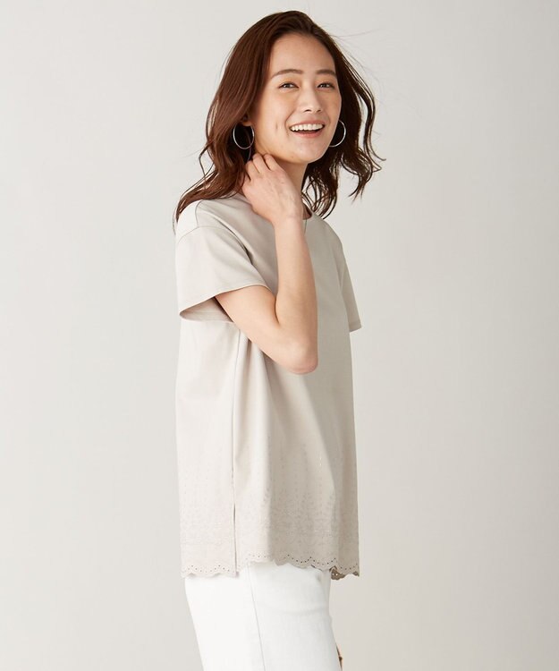 J.PRESS LADIES L 【UVケア・接触冷感】コンパクトコットンスムース 裾刺繍 カットソー ベージュ系