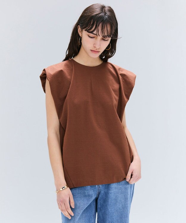 BEIGE， 【洗える】SCALA / コットンリネンボリュームスリーブトップス Brown