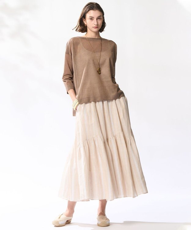 23区 【洗える】LIBECO ティアード スカート ベージュ×ホワイトストライプ