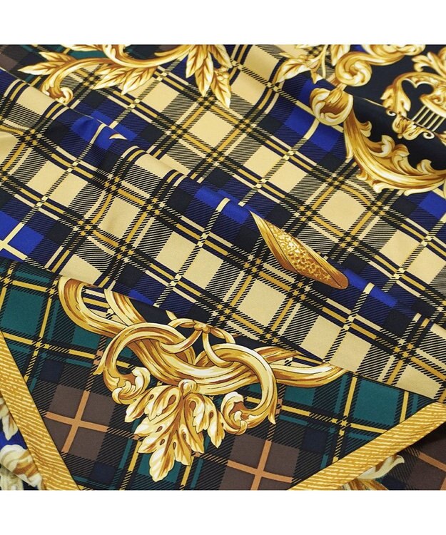 Marca 【Marcaオリジナル】オーナメントチェック 大判 シルクツイル スカーフ グリーン×ブラウン