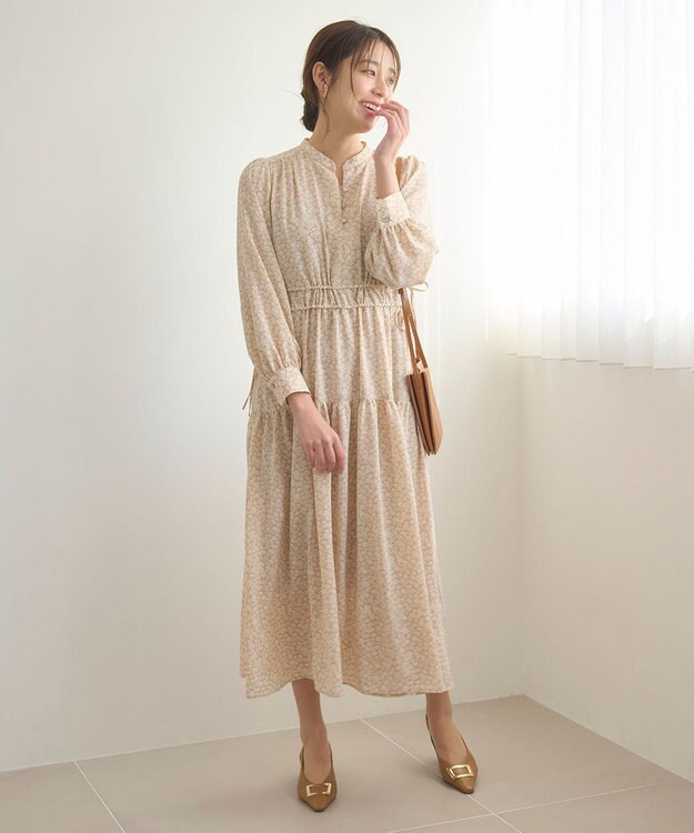 Feroux 【洗える】フラワープリントドロスト ワンピース ピンク系