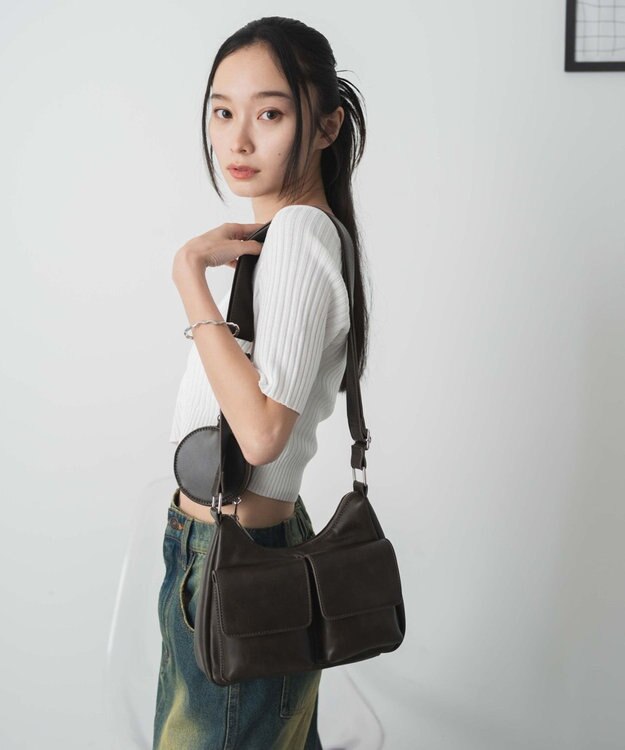 WEGO ポーチ付きポケットデザインショルダー ブラウン