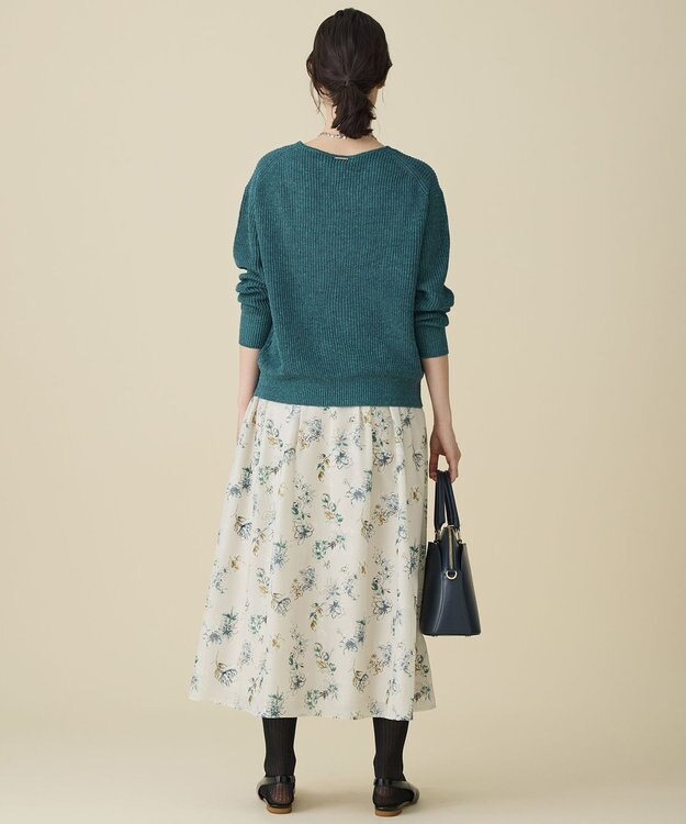 自由区 L エアリーローン花柄プリント スカート ベージュ×ブルー