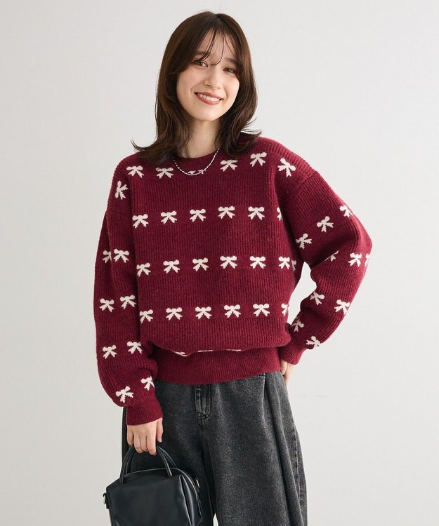 Green Parks ・ｓｗｉｎｇ　ｂｙ　リボンジャカードクルーニット Bordeaux