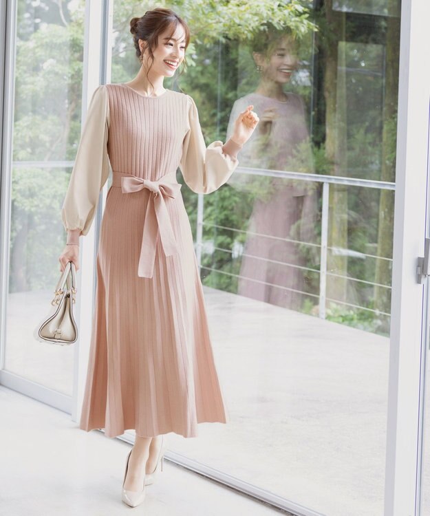 Tiaclasse 【洗える】パフ袖ニットコンビワンピース ピンク