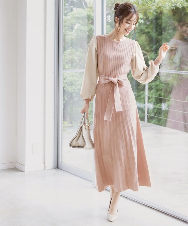 Tiaclasse 【洗える】パフ袖ニットコンビワンピース ピンク