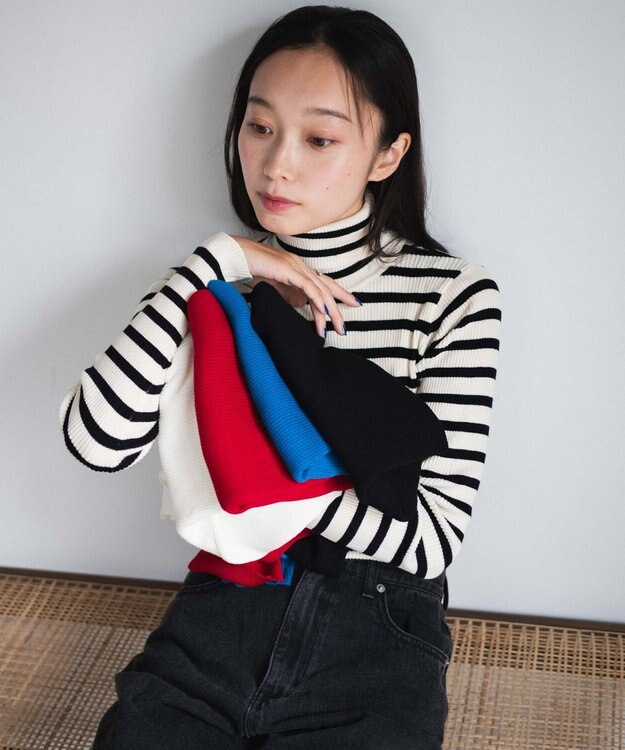 WEGO 【手洗い可】タートルネックニット ホワイトボーダー