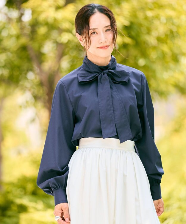 #Newans 【洗濯機可】ステッチデザインリボンタイブラウス ネイビー