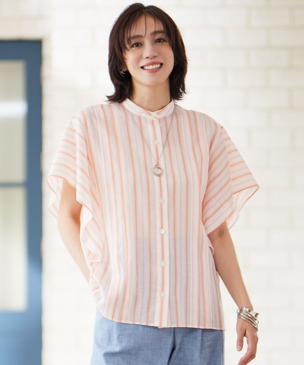 自由区 L 【接触冷感・吸水速乾・洗える】ナチュラルリネンフレア袖 シャツ ホワイト×オレンジ