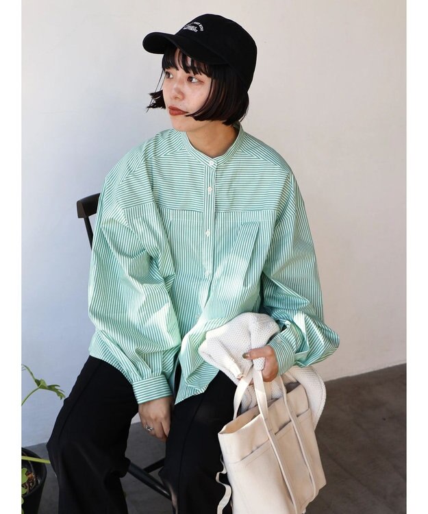 AMERICAN HOLIC イージーケア切替タックワイドシャツ Stripe Green