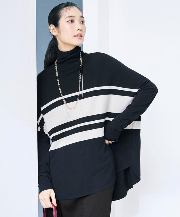 ICB L 【新色追加・WEB限定カラーあり】 ヴィスコースワイド タートルネックプルオーバー トープ×ブラックボーダー