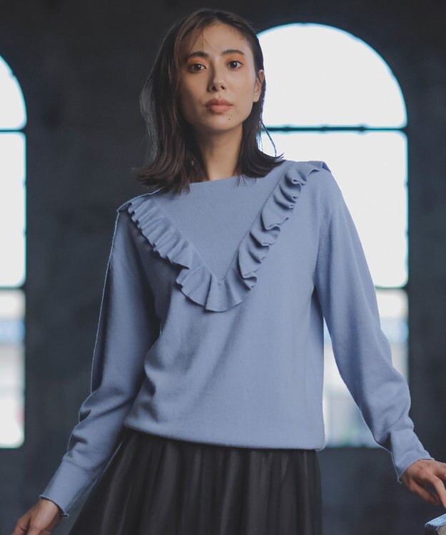 自由区 【洗える】ピュアカシミヤフリルディティール ニット テンダーブルー