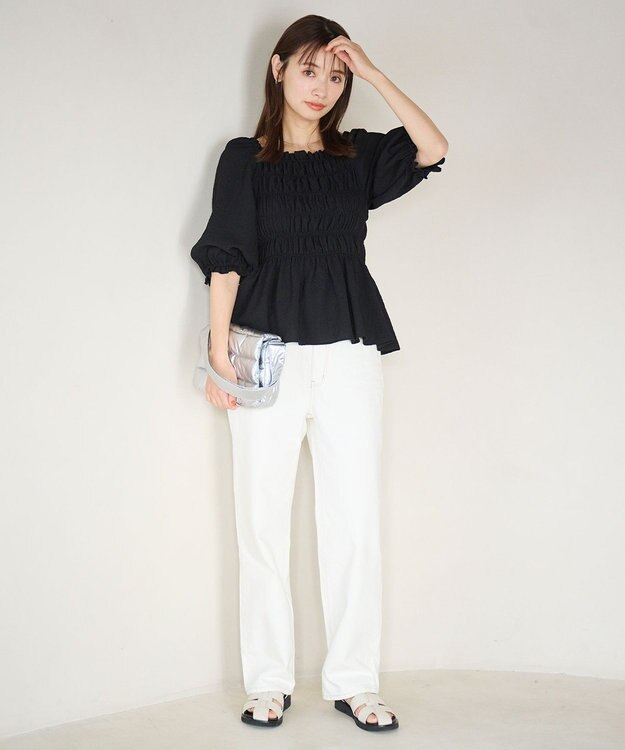 #Newans 2WAYシャーリングペプラムブラウス ブラック