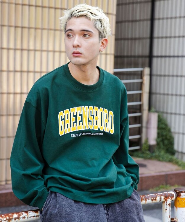 WEGO ヘビーウエイト刺繍グラフィックロンT ダークグリーン