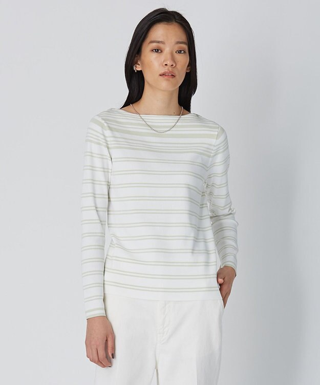 ICB 【洗える】 ハイブリッドボーダー ニットプルオーバー クリアホワイト×メロン系