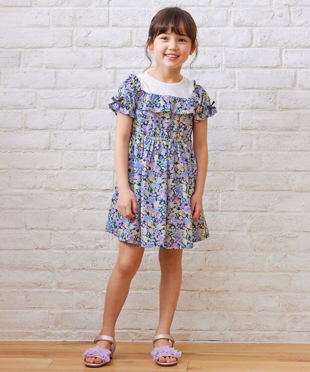 ANY KIDS オンオフショルダー ガーリー ワンピース ネイビー系花柄