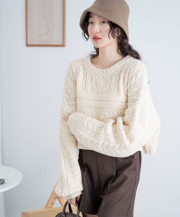 WEGO ケーブルショートニット ホワイトアイボリー