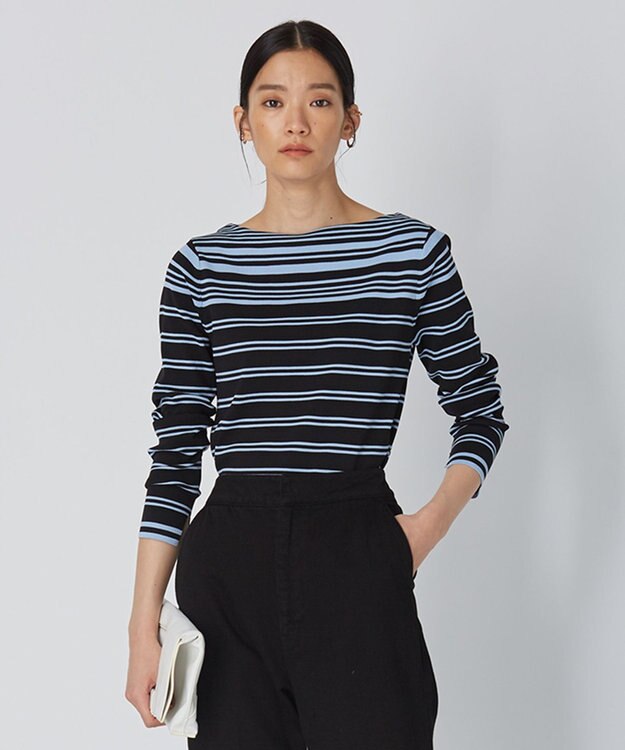 ICB 【洗える】 ハイブリッドボーダー ニットプルオーバー クリアブラック×ウォッシュドブルー系