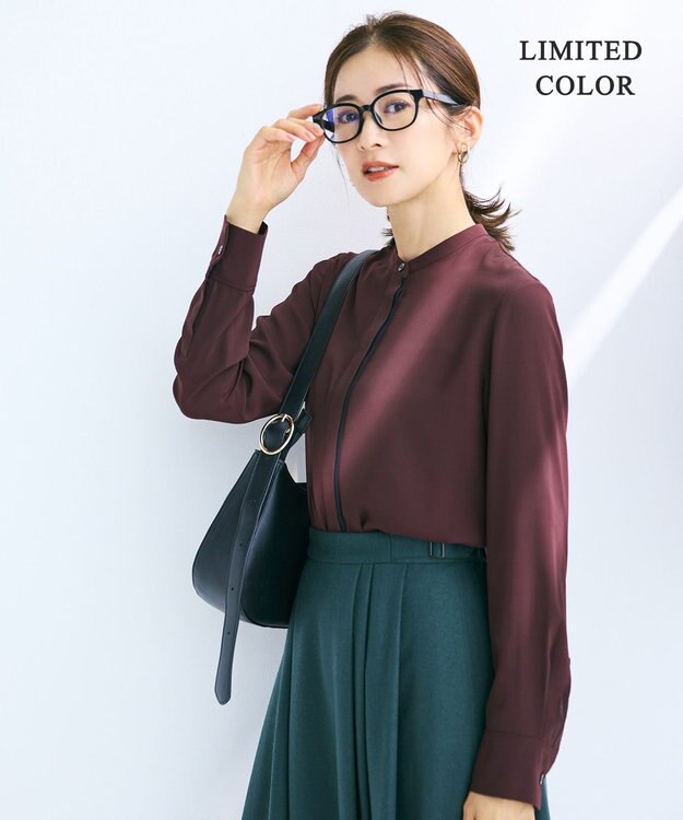 ICB 【接触冷感・UVケア・速乾・洗える】BackSatinAmunzen バンドカラーブラウス バーガンディ系［WEB限定］