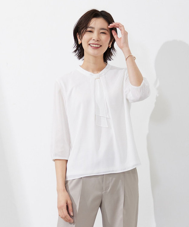 J.PRESS LADIES L シャドーストライプ ボウタイ カットソー ホワイト系1