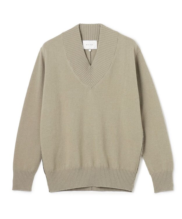 BEIGE， 【洗える】POMPE / ウールカシミヤ配色ラインVネックニット L.Khaki×Black