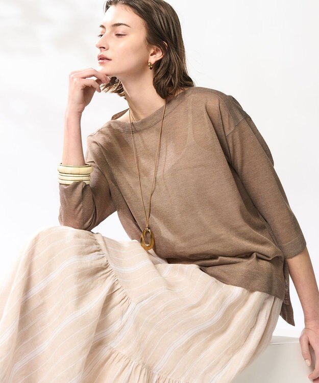 23区 【洗える】LIBECO ティアード スカート ベージュ×ホワイトストライプ