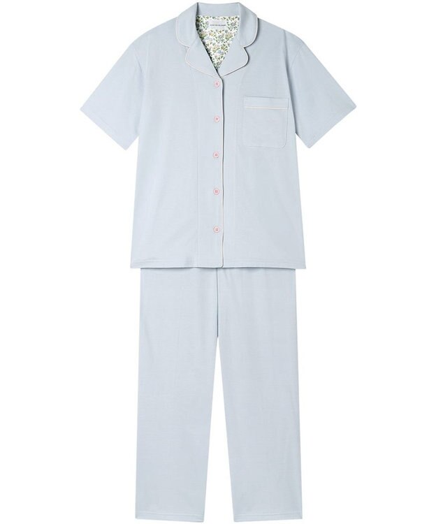 une nana cool 【綿100%】60/2 やわらか天竺 半袖開襟パジャマ MADE WITH LIBERTY FABRIC サックスブルー