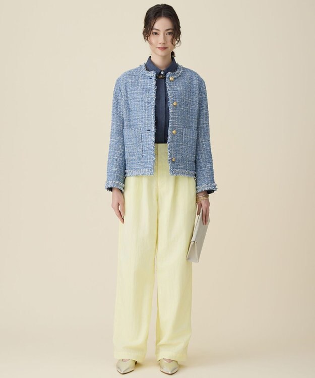 自由区 ファンシーノットツイードノーカラー ジャケット ブルー