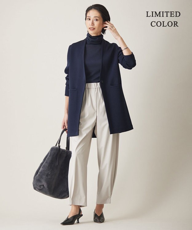 ICB 【洗える】シンセティックヤーンスムース ロングニットジャケット ネイビー系［WEB限定］