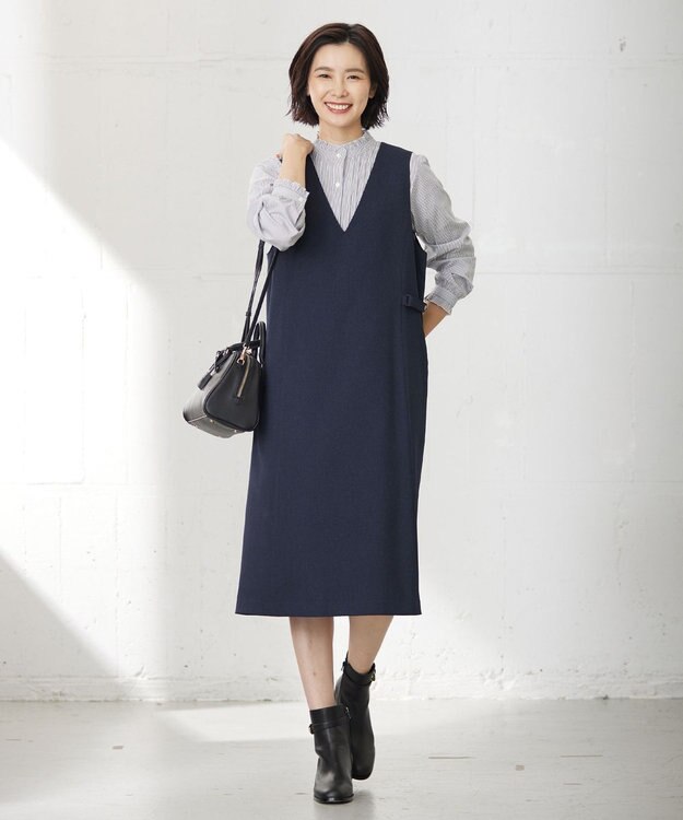 J.PRESS LADIES 【洗える】BEZ C/Ny ドビーストライプ フリルネック ブラウス ネイビー系1