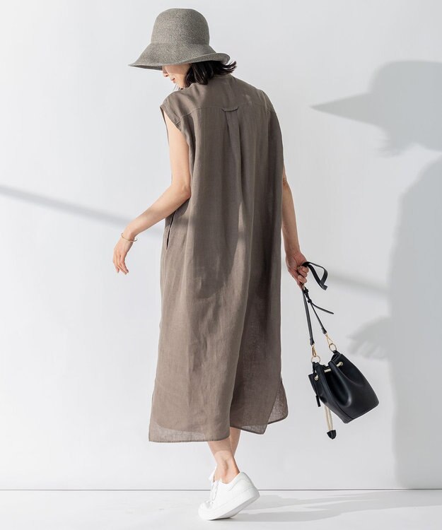 23区 【洗える】LIBECO ノースリーブ シャツ ワンピース ダークブラウン系