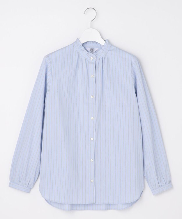 J.PRESS LADIES S BEZコットンナイロン ストライプ フリル襟 ブラウス サックス×ホワイト×ベージュ系