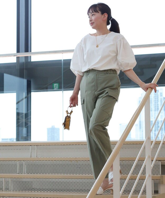 自由区 【洗える】撥水シルキーポプリン カーゴパンツ カーキ系