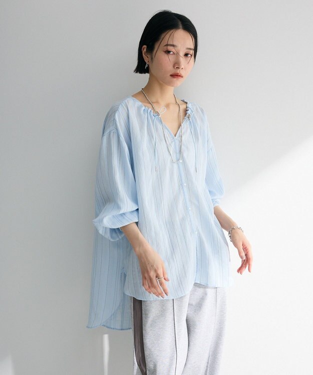 Green Parks ドロストネックシアーストライプチュニック Sax