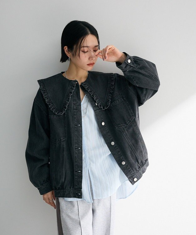 Green Parks ドロストネックシアーストライプチュニック Sax